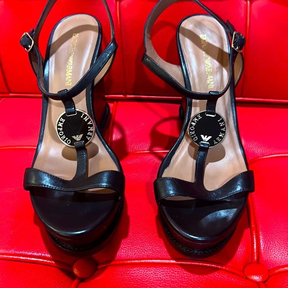 Armani black leather wedge sandals